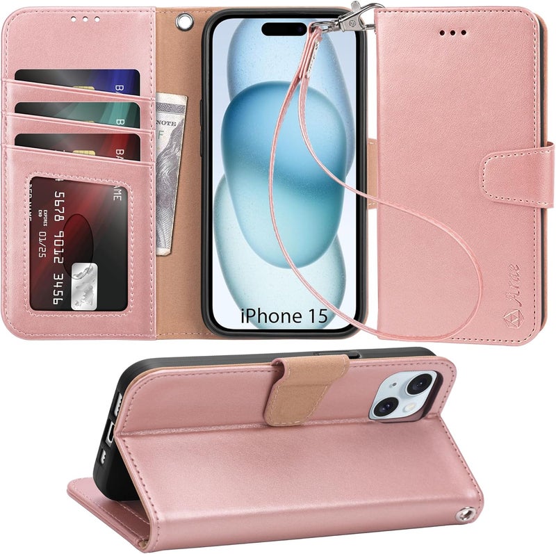 Arae Compatible with iPhone 15 Case with Card Holder and Wrist Strap Wallet Flip Cover for iPhone 15 6.1 inch,Rose Gold - Image 1